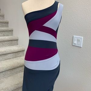 Colorblock One Shoulder Fitted Dress